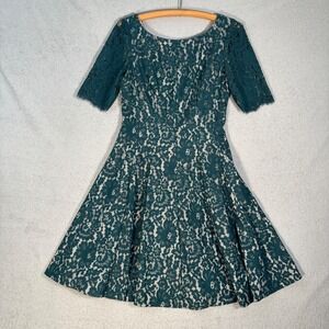 Eliza J Lace Fit N Flare Dress Size 6 Evergreen Lined Midi Illusion Lace Overlay